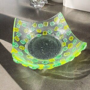 Square Fused Art Glass Dish Plate Whimsical Decor Textured Dish Hand Crafted Vtg